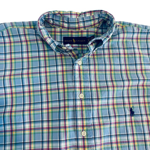 Ralph Lauren Plaid Button Down Shirt Mens Large Blue Short Sleeve Tall - Picture 9 of 9